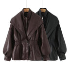 Women's faux leather jacket with XXL shawl collar, waist elastic and balloon sleeves Fashion Glam