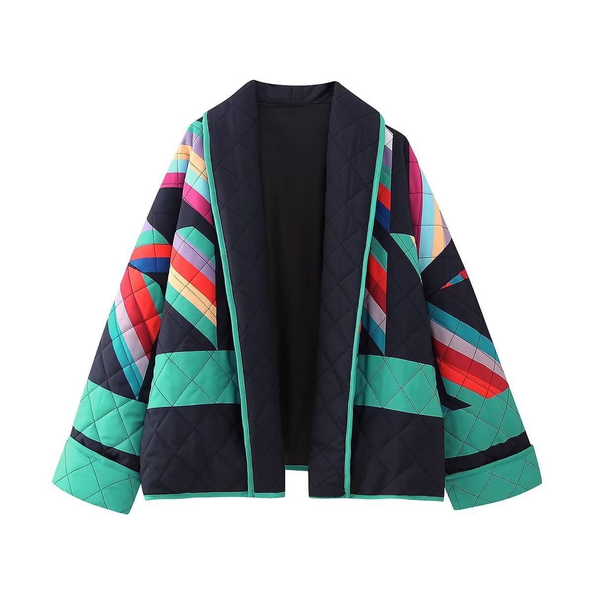 Ladies Quilted Kimono Jacket with Graphic Color Block Print and Open Front Fashion Glam