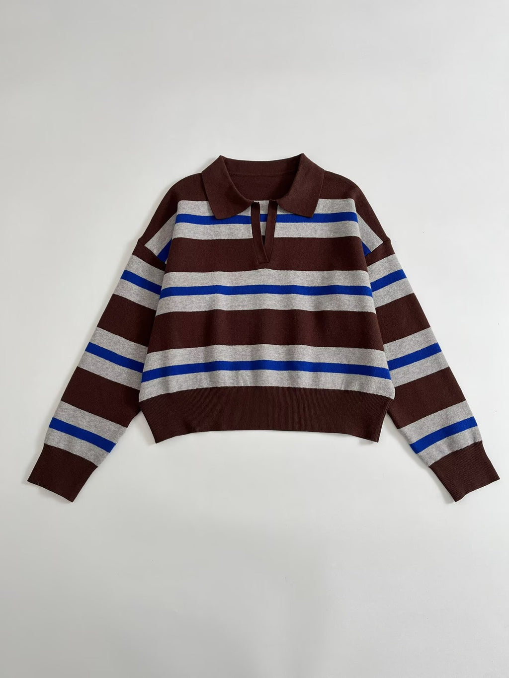 Women's Striped Polo Collar Sweater with Boxy Fit and V-Neck Fashion Glam