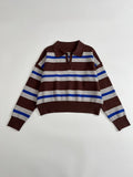 Women's Striped Polo Collar Sweater with Boxy Fit and V-Neck Fashion Glam