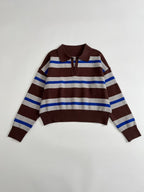 Women's Striped Polo Collar Sweater with Boxy Fit and V-Neck Fashion Glam