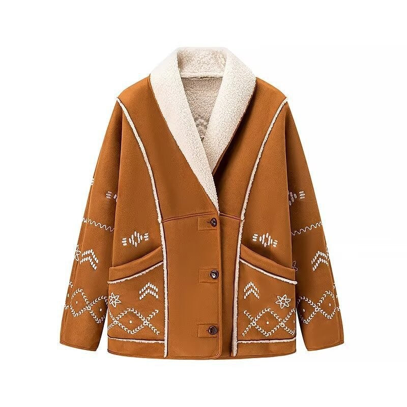 Women's Embroidered Fleece-Lined Shirt Jacket with Shawl Collar and Patch Pockets Fashion Glam