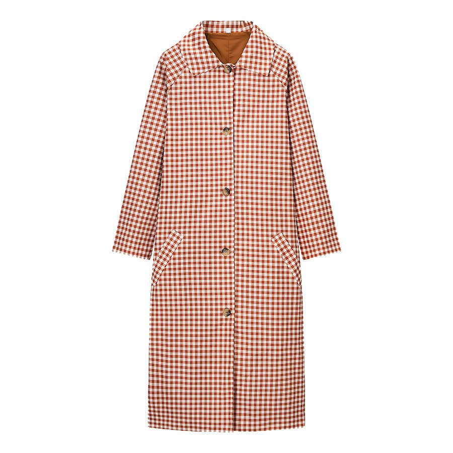 Women Long Cut Plaid Coat with Shirt Collar and Full Button Placket Fashion Glam