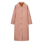 Women Long Cut Plaid Coat with Shirt Collar and Full Button Placket Fashion Glam