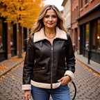 Women's Oversize Pilot Jacket made of Faux Leather with Teddy Collar and Zipper Pockets Fashion Glam