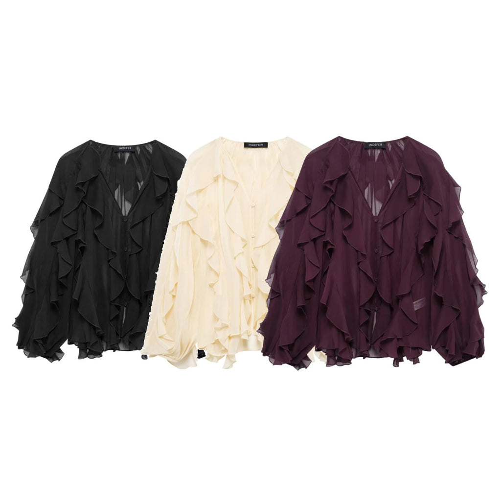 Women Voluminous Chiffon Blouse with Layered Ruffles and Button Placket Fashion Glam