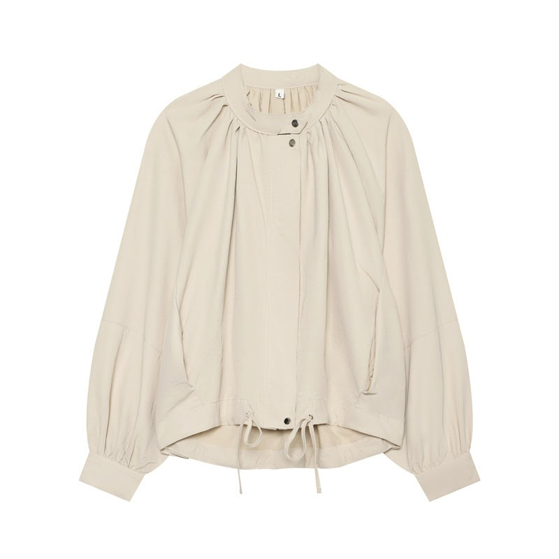 Women's Lightweight Blouson Jacket with Gathered Stand Collar, Balloon Sleeves, and Drawstring Fashion Glam