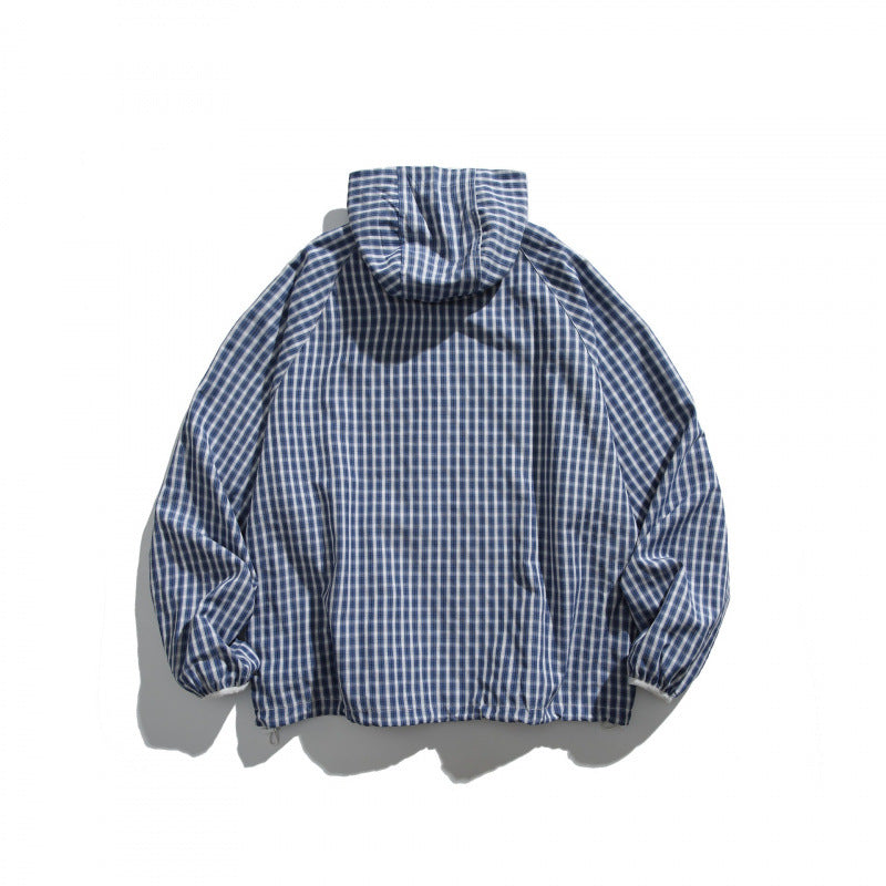 Unisex Lightweight Checked Windbreaker Jacket with Hood, Raglan Sleeves, and Drawstring Fashion Glam