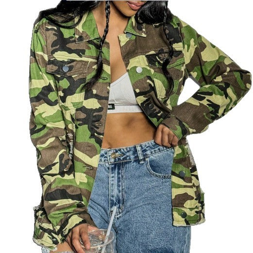 Women's Camouflage-Utility-Jacket in Oversized-Fieldstyle with Flap Pockets Fashion Glam