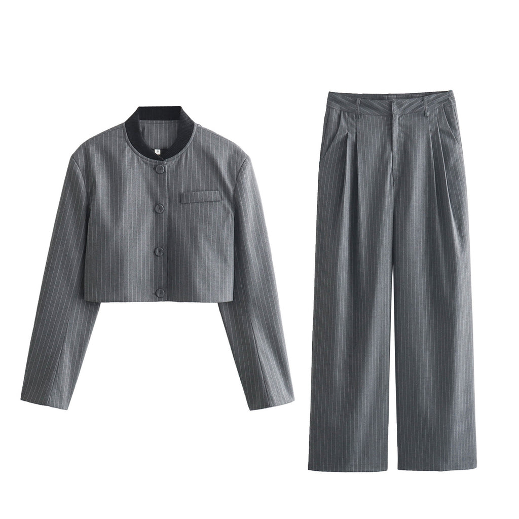 Women Two-Piece Pinstripe Suit Set with Short Stand Collar Blazer and Wide Pleat Pants Fashion Glam