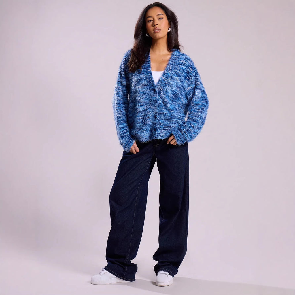 Women's Fluffy Chunky Knit Cardigan with V-Neck Fashion Glam