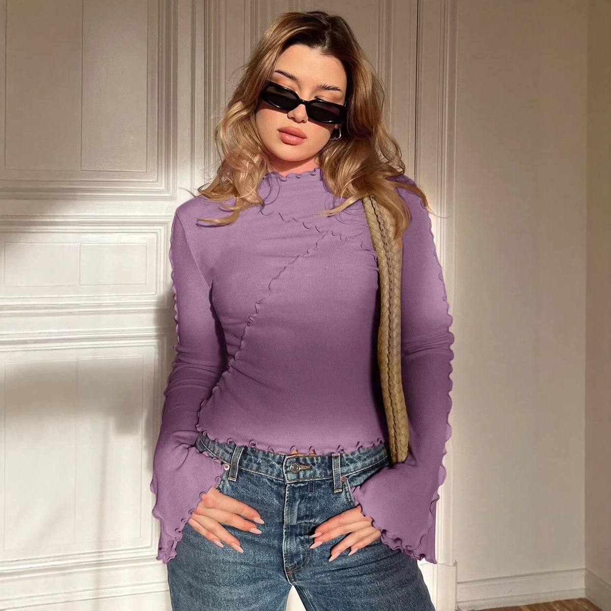 Ladies Fitted Ribbed Long Sleeve Shirt with Stand-up Collar and Ruffled Hem Fashion Glam