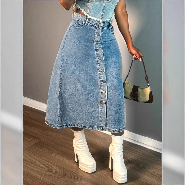 Women A-line denim mid-skirt with high-waisted waistband and continuous button placket Fashion Glam