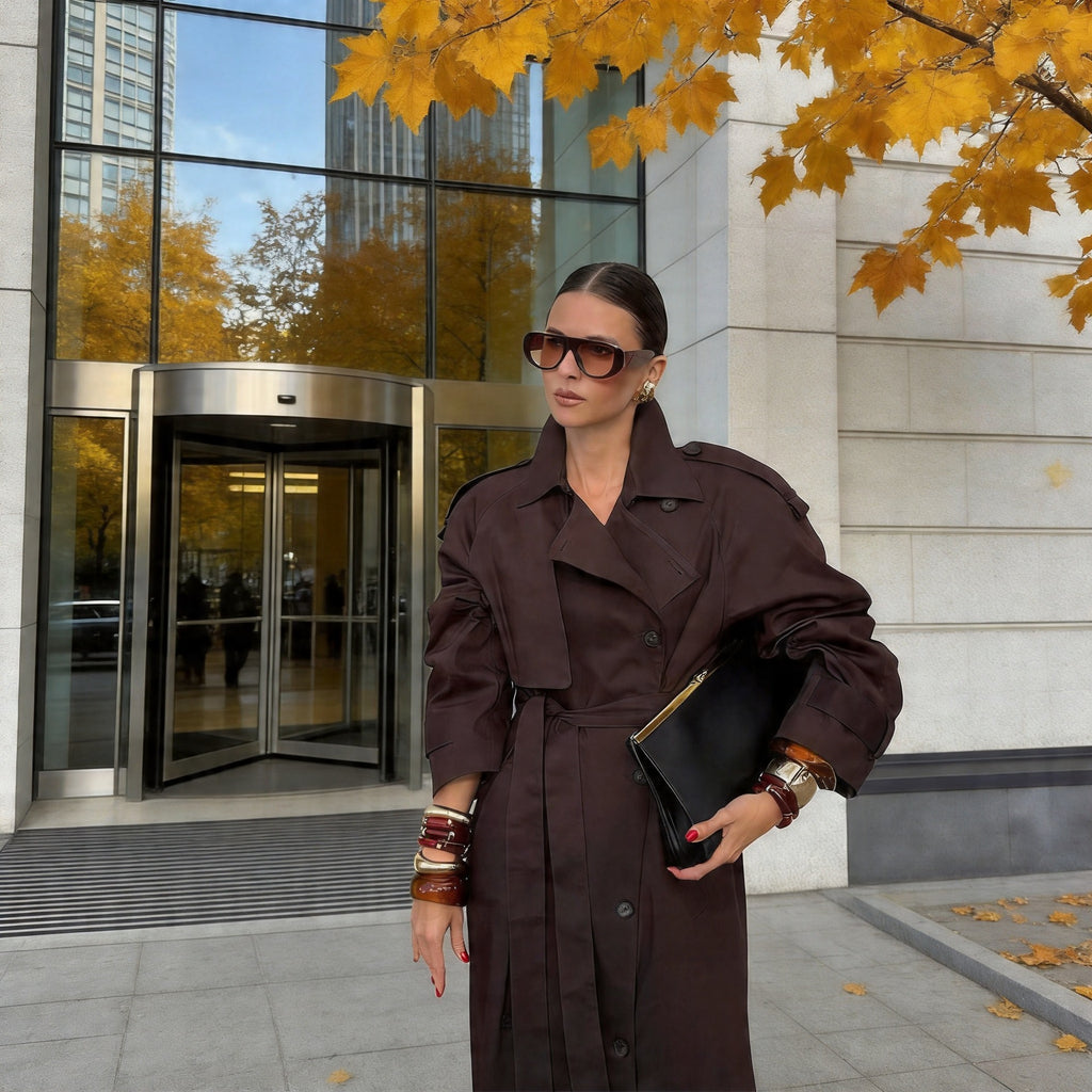 Women Longer classic trench coat with button placket, tie belt and epaulettes Fashion Glam