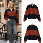 Women Oversized Polo Collar Sweater with Block Stripes Fashion Glam