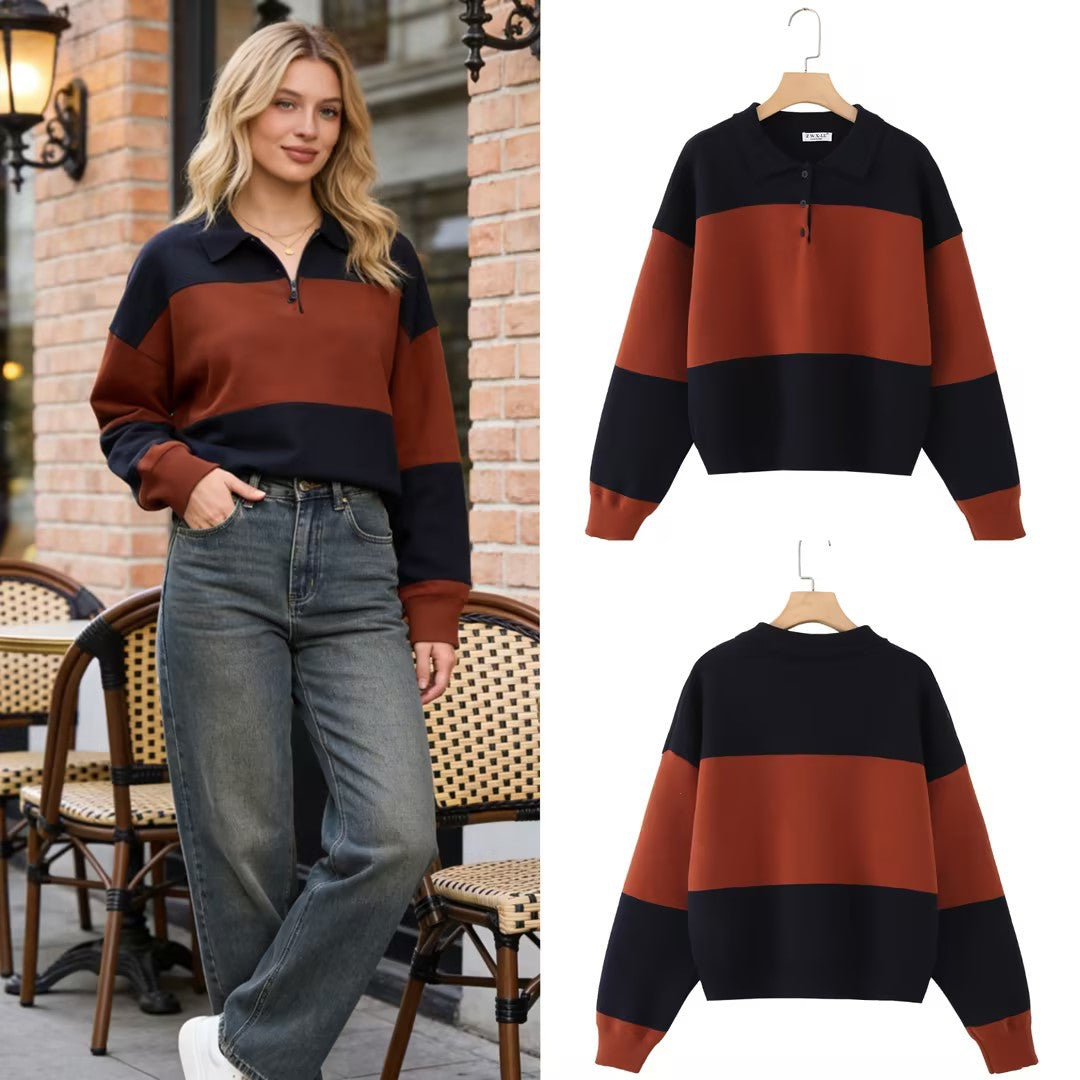 Women Oversized Polo Collar Sweater with Block Stripes Fashion Glam
