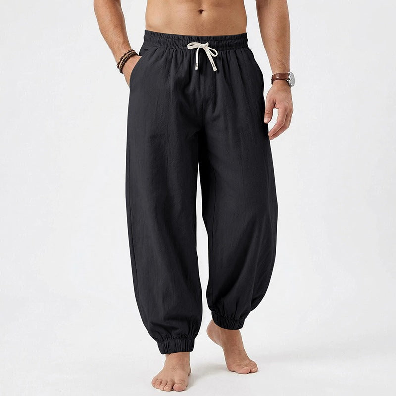 Men's relaxed harem pants made of linen blend with elastic tunnel drawstring waistband and gathered ankle cuffs Fashion Glam