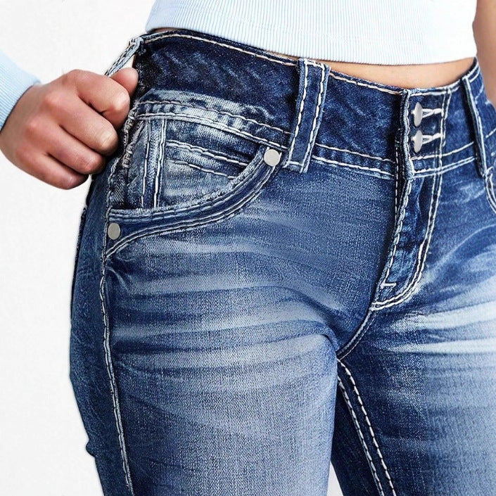 Women's high-waisted bootcut jeans with shaping waistband and visible button placket Fashion Glam