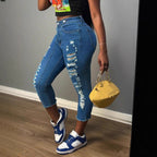 Women's high-cut ankle-length skinny jeans with generous rip details and raw hem Fashion Glam