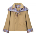 Women's short jacket in trench-cape mix with checked shawl collar bow Fashion Glam