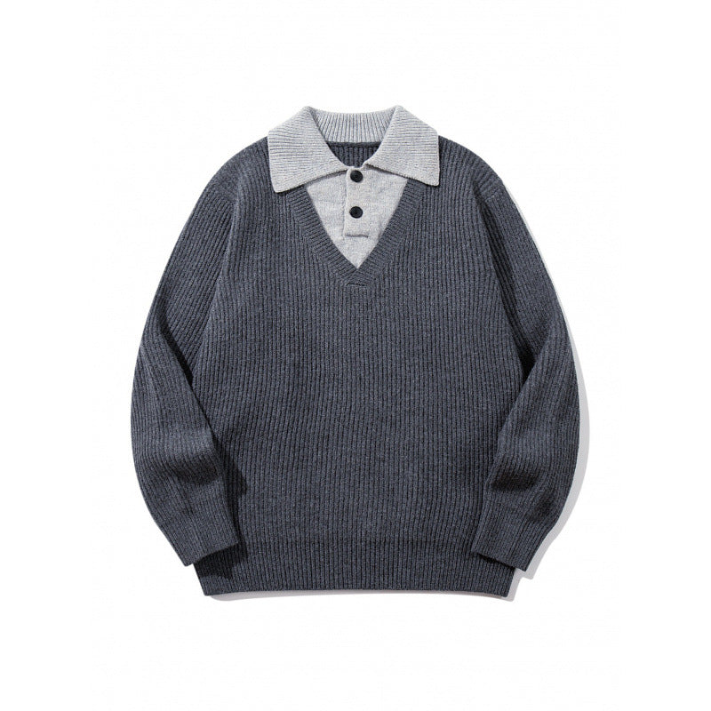 Unisex chunky knit boxy sweater with V-neck and contrasting polo button collar Fashion Glam