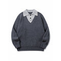 Unisex chunky knit boxy sweater with V-neck and contrasting polo button collar Fashion Glam