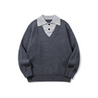 Unisex chunky knit boxy sweater with V-neck and contrasting polo button collar Fashion Glam