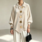 Women's Oversized Velvet Jacket with Large Decorative Buttons and Balloon Sleeves Fashion Glam