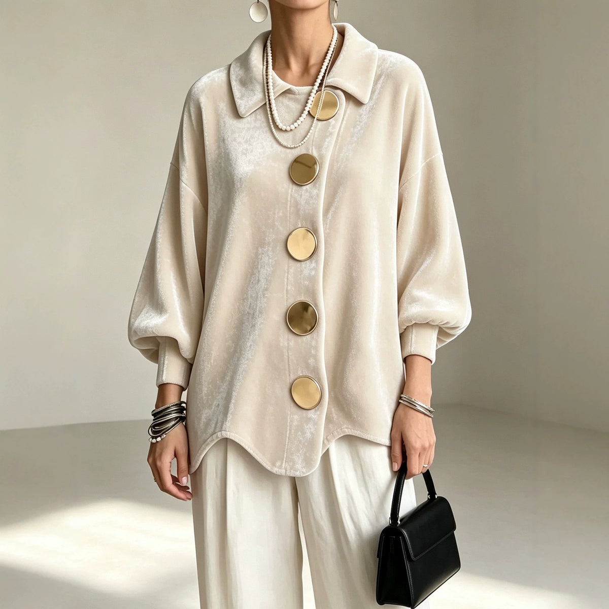 Women's Oversized Velvet Jacket with Large Decorative Buttons and Balloon Sleeves Fashion Glam