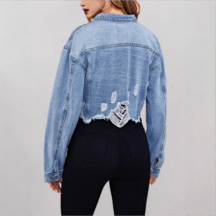Ladies short denim jacket with pearl embellishments, fringed hem, and wide-cut sleeves Fashion Glam