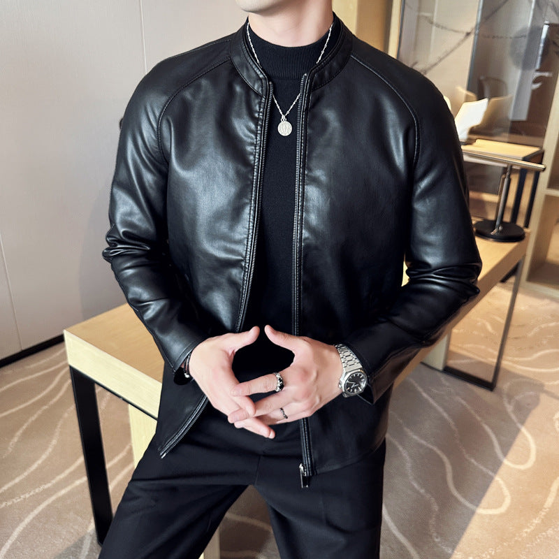 Men Slim Faux Leather Blouson with Stand-Up Collar and Concealed Zip Fashion Glam