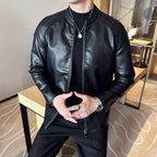 Men Slim Faux Leather Blouson with Stand-Up Collar and Concealed Zip Fashion Glam