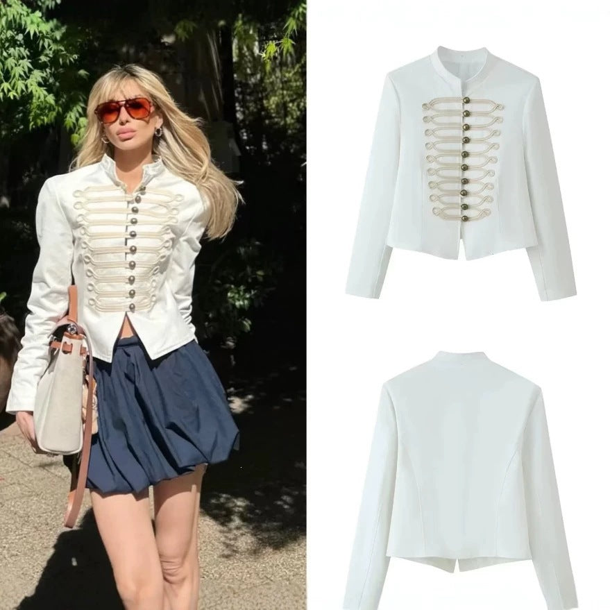 Women Military Inspired Short Stand Collar Jacket with Decorative Cords and Brass Buttons Fashion Glam