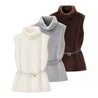 Women Short Sleeveless Faux Fur Vest with High Collar and Waist Belt Fashion Glam