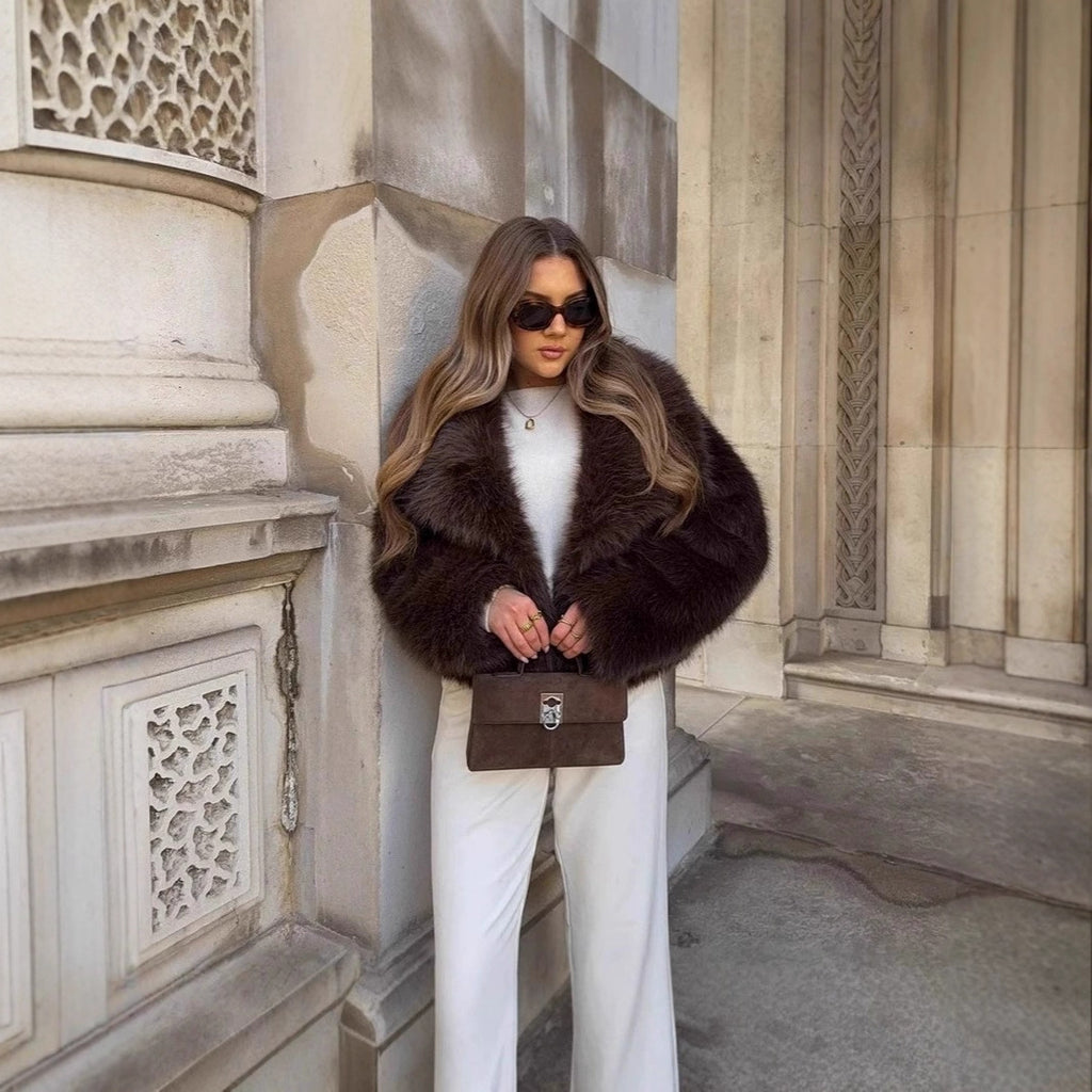Women Short Boxy Faux Fur Blouson with Voluminous Shawl Collar Fashion Glam
