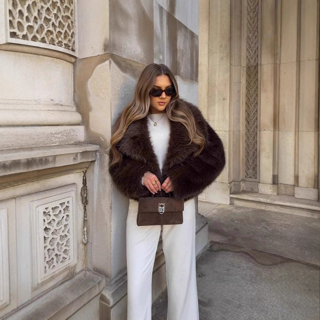 Women Short Boxy Faux Fur Blouson with Voluminous Shawl Collar Fashion Glam
