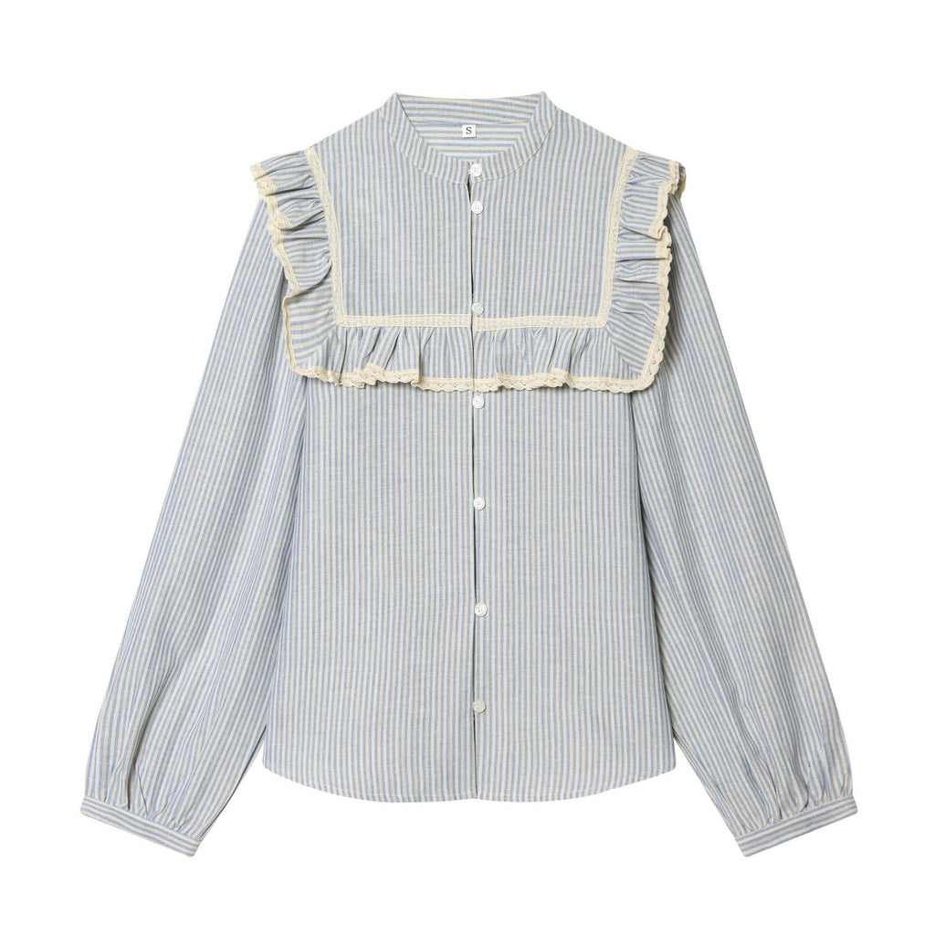 Women Striped Cotton Blouse with Square Bust Yoke, Ruffle and Lace Trim Fashion Glam