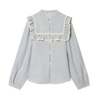 Women Striped Cotton Blouse with Square Bust Yoke, Ruffle and Lace Trim Fashion Glam