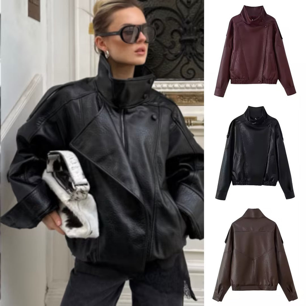 Women's Oversized Faux Leather Jacket with Shirt Collar and Elastic Hem Fashion Glam