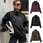 Women's Oversized Faux Leather Jacket with Shirt Collar and Elastic Hem Fashion Glam