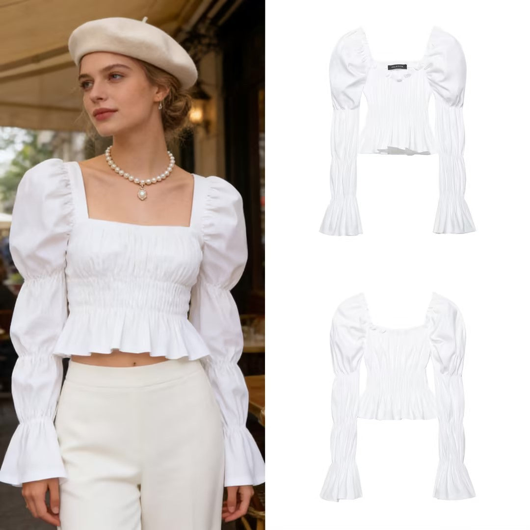 Women's Ruched Carmen Crop Top with Puff Sleeves, Smocked Waist and Tiered Sleeves Fashion Glam