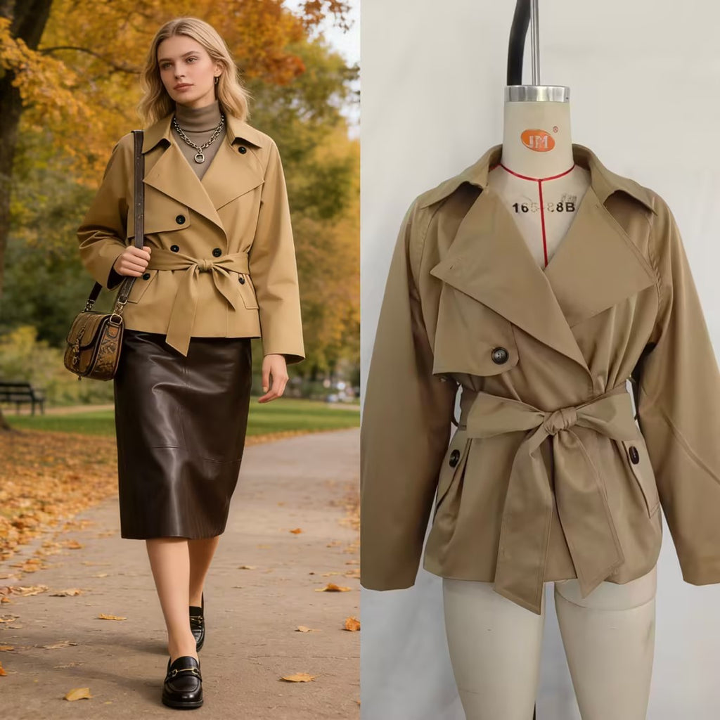 Women Cropped Waist Belt Trench Coat with Wide Lapels and Flap Pockets Fashion Glam