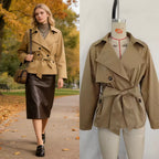 Women Cropped Waist Belt Trench Coat with Wide Lapels and Flap Pockets Fashion Glam