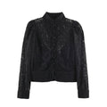 Ladies short-cut transparent lace blouse with stand-up collar, fabric button placket and gathered puff sleeves Fashion Glam