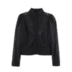 Ladies short-cut transparent lace blouse with stand-up collar, fabric button placket and gathered puff sleeves Fashion Glam