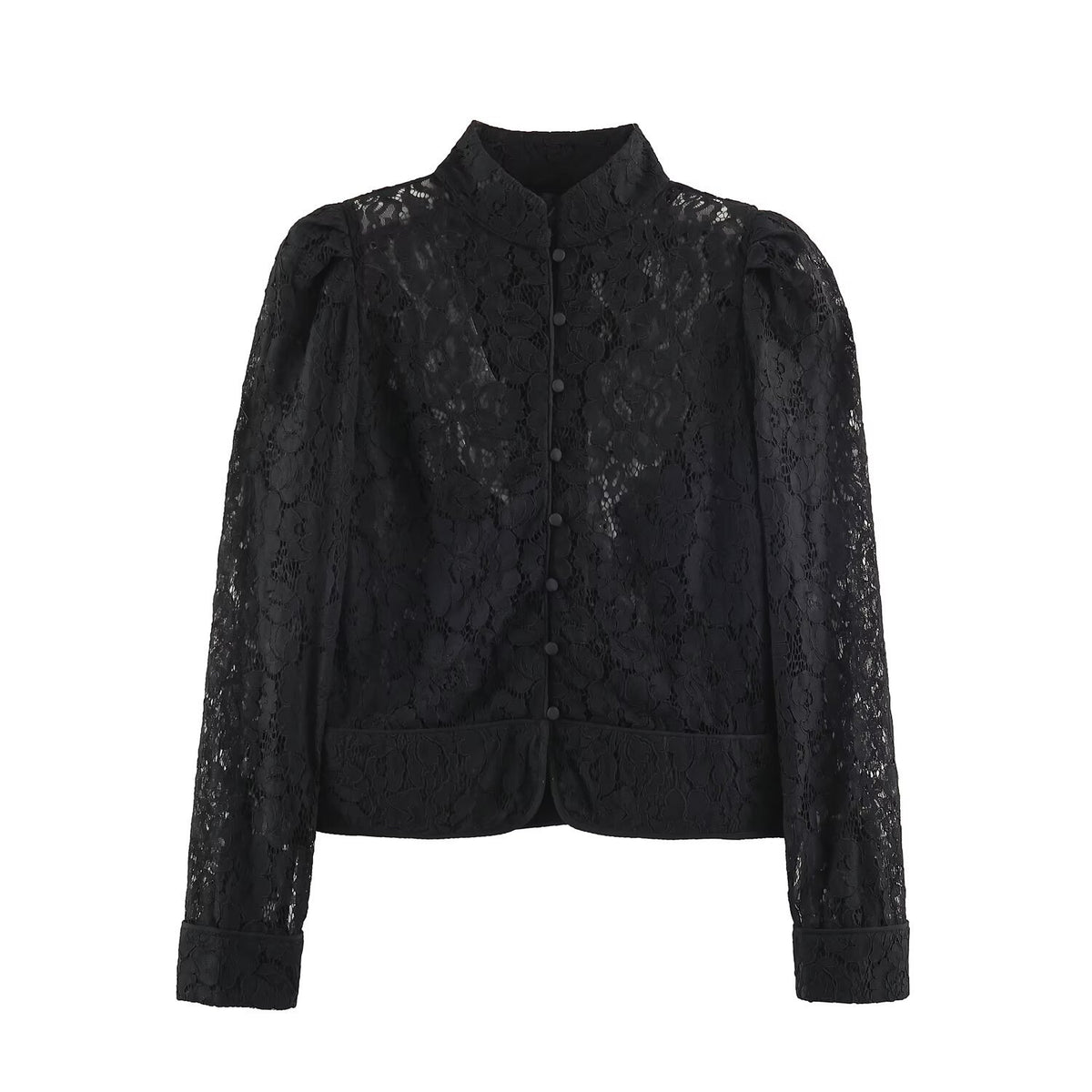 Ladies short-cut transparent lace blouse with stand-up collar, fabric button placket and gathered puff sleeves Fashion Glam