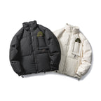 Unisex Kastig padded stand-up collar jacket with tree embroidery, chest flap pocket and drawstring hem Fashion Glam