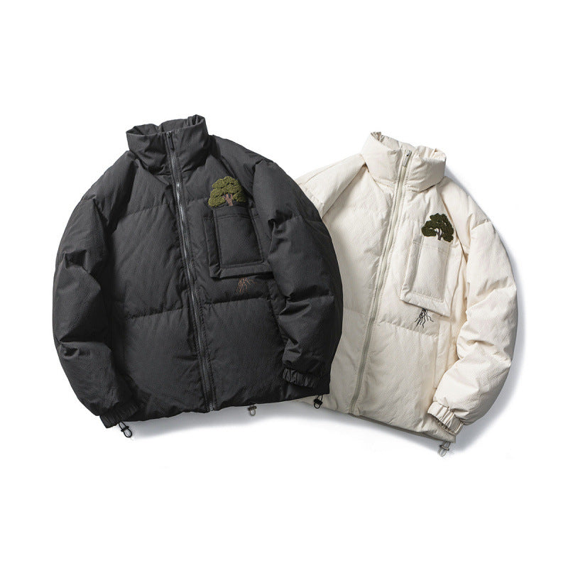 Unisex Kastig padded stand-up collar jacket with tree embroidery, chest flap pocket and drawstring hem Fashion Glam