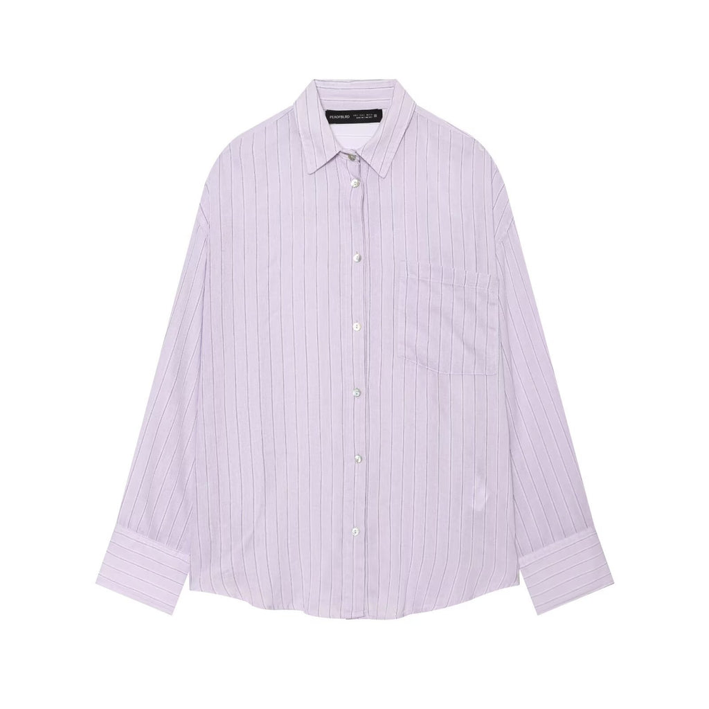 Women's oversized shirt blouse with stripes, chest pocket, and loose fit Fashion Glam