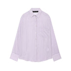 Women's oversized shirt blouse with stripes, chest pocket, and loose fit Fashion Glam